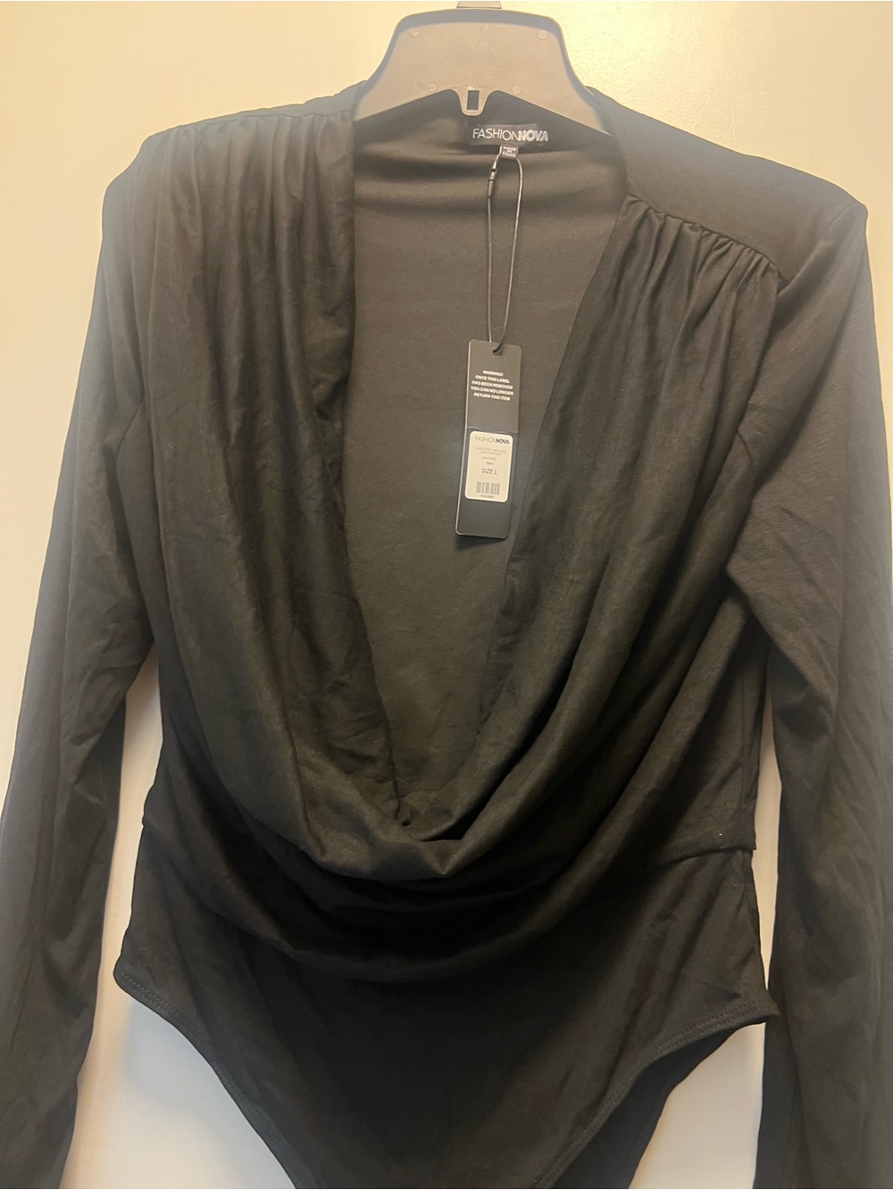 Fashion Nova Black Draped Plunge Long Sleeve Bodysuit